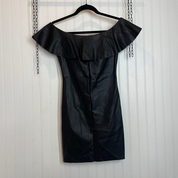 Mango Black Vegan Leather Off the Shoulder Ruffle Mini Bodycon Dress Size S - Picture 1 of 9